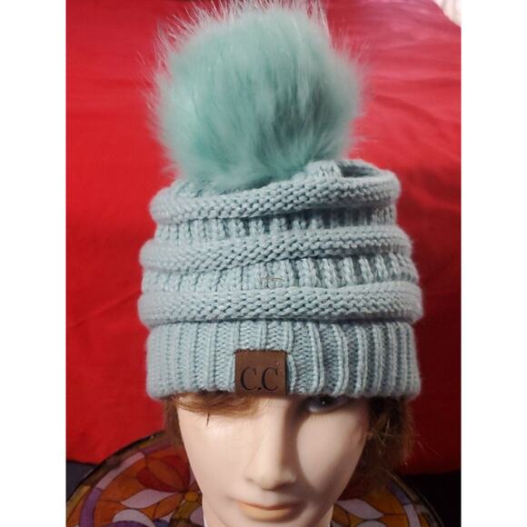 C. C Sek(Handmade)Mixed Lot Of 2 Knit Winter Pom Pom Bow Knit Hats Ponytail Hole - Picture 6 of 16